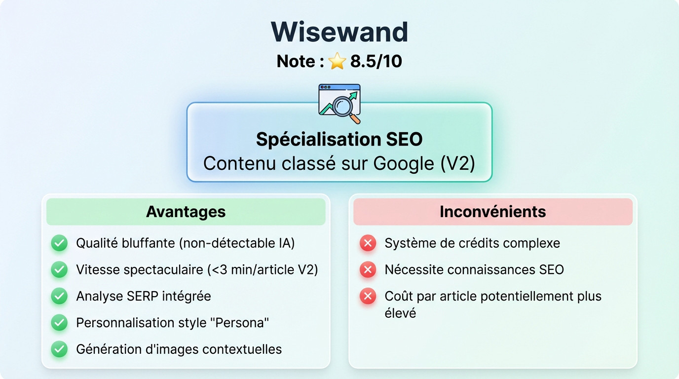 Illustration des avantages et inconvénients de l'outil SEO Wisewand